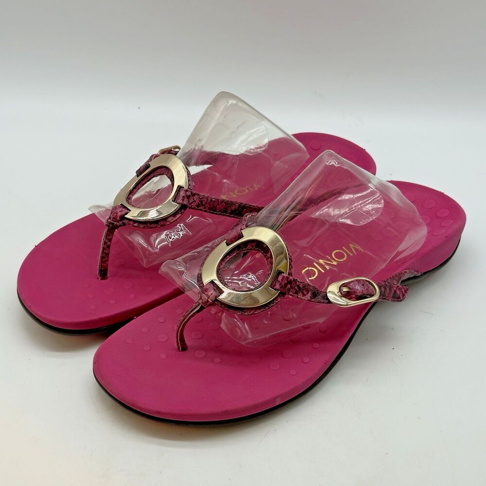 Vionic Karina Sandals Women's 9 Pink Snakeskin Gold Metal Ring Orthaheel Thongs